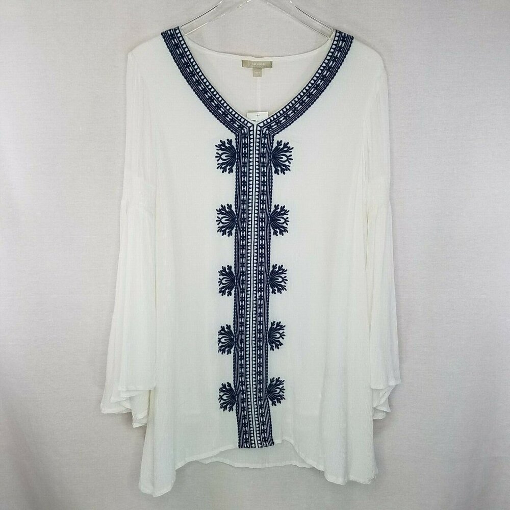 Joan Vass Small Tunic Shirt Blouse Top Blue White Embroidered Bell Sleeves Lined